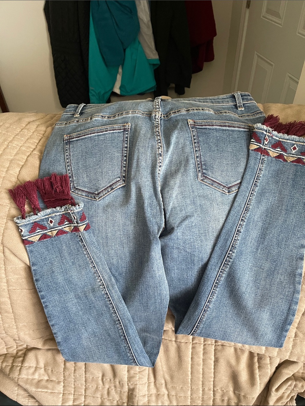 Coco + Carmen Light Blue Cropped Jeans with Burgundy Fringe